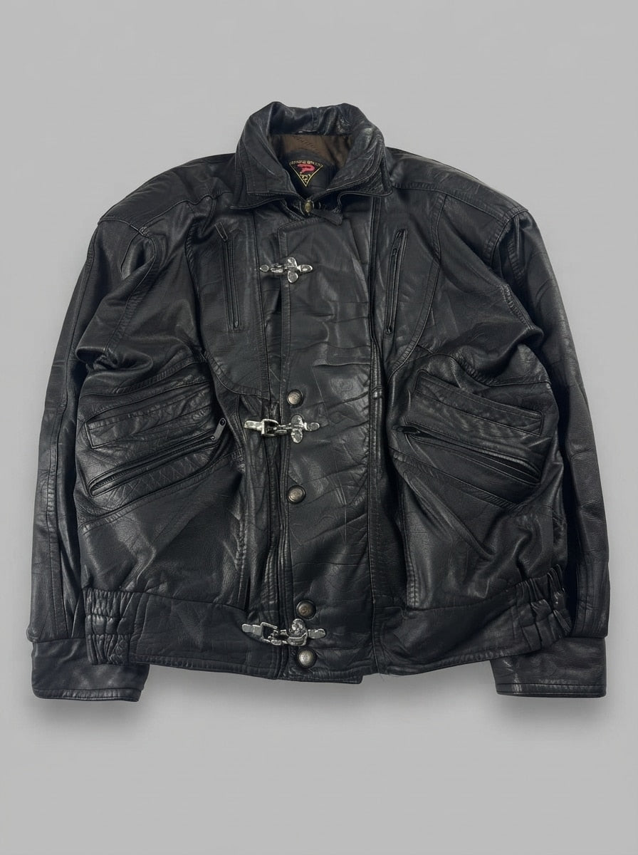 Black leather field jacket, size L, shown flat from the front. Four-Pocket Three-Clasp Field.