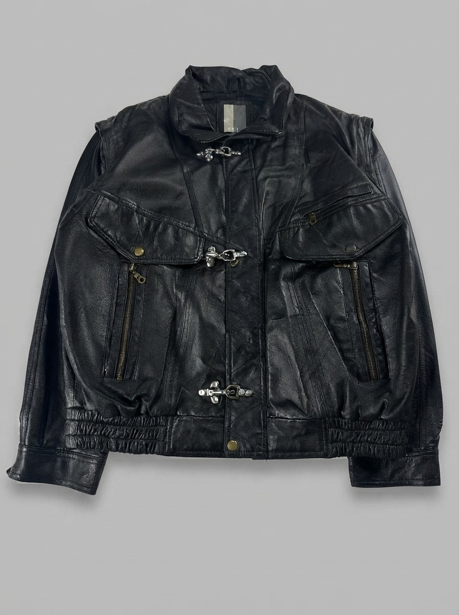 Black leather field jacket, size M, shown flat from the front. Two Large Flap Pockets & Clasps.