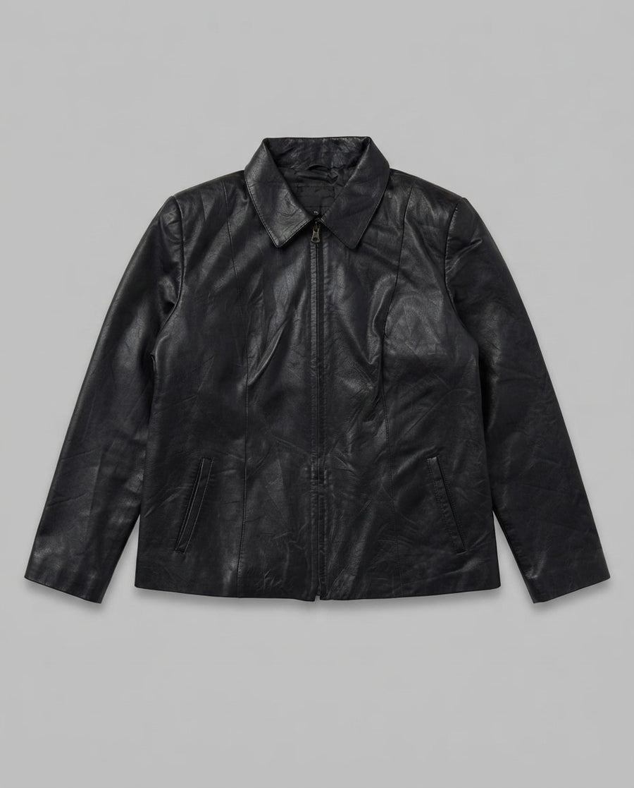 Black leather vintage jacket, size XS, shown flat from the front. Shirt Collar & Slash Pockets.