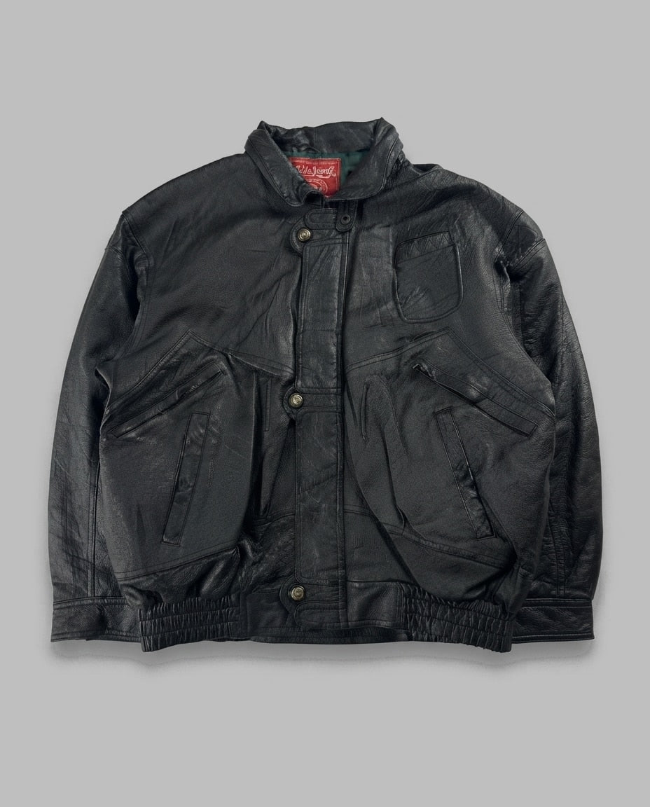 Black leather field jacket, size L, shown flat from the front. Two Large Flap Chest Pockets.