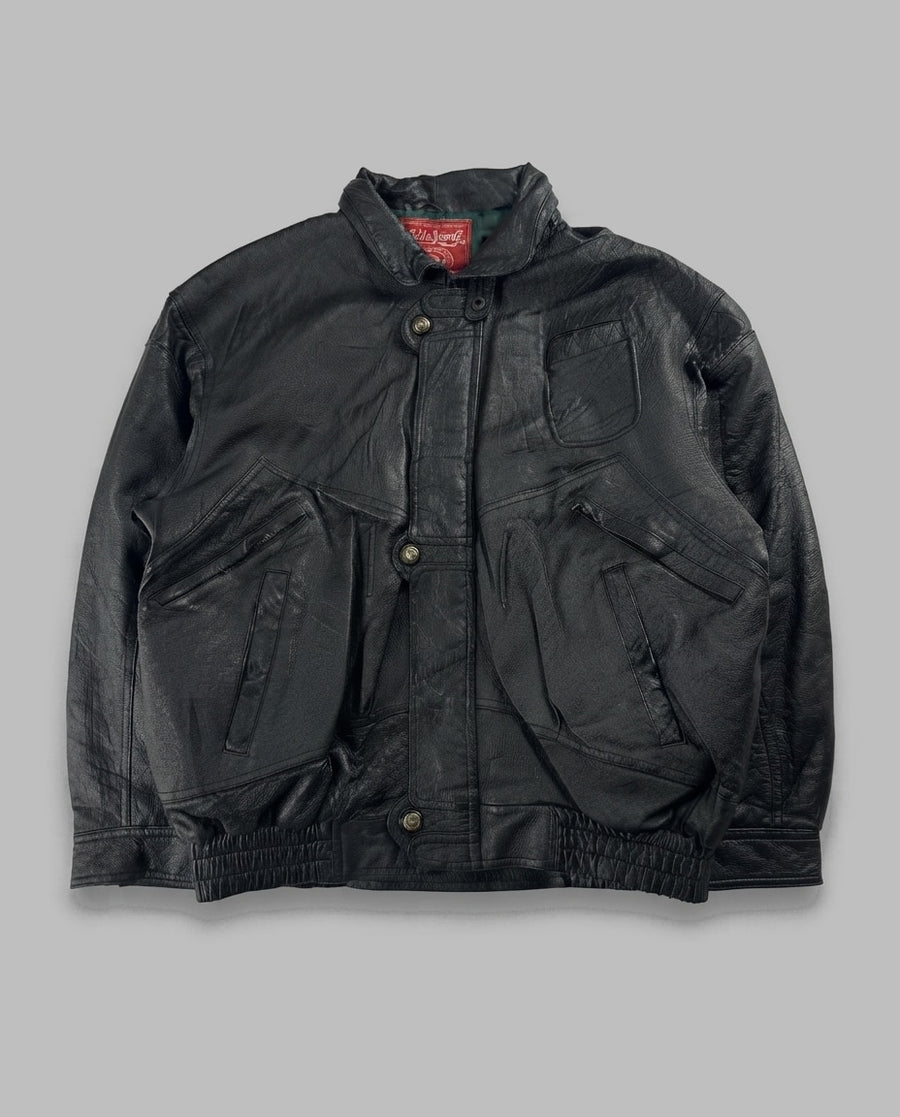 Black leather field jacket, size L, shown flat from the front. Two Large Flap Chest Pockets.