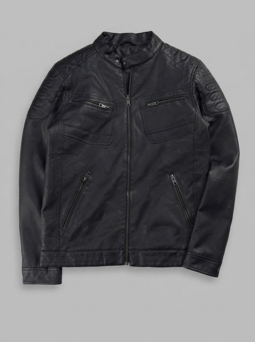 Black leather cafe racer jacket, size M, shown flat from the front. Stand Collar & Chest Zip Pockets.