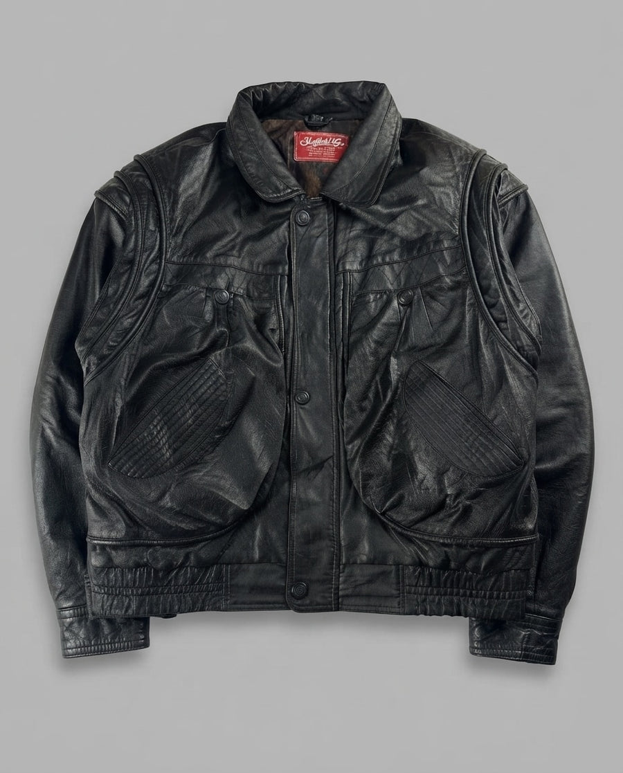Black leather field jacket, size M, shown flat from the front. Two Large Flap Chest Pockets.