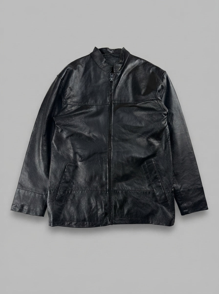 Black leather vintage jacket, size L, shown flat from the front. Chest Yoke & Welt Pockets.