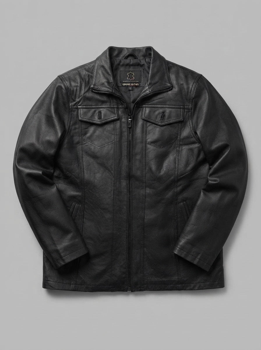 Black leather vintage jacket, size M, shown flat from the front. Drawstring Collar & Flap Pockets.