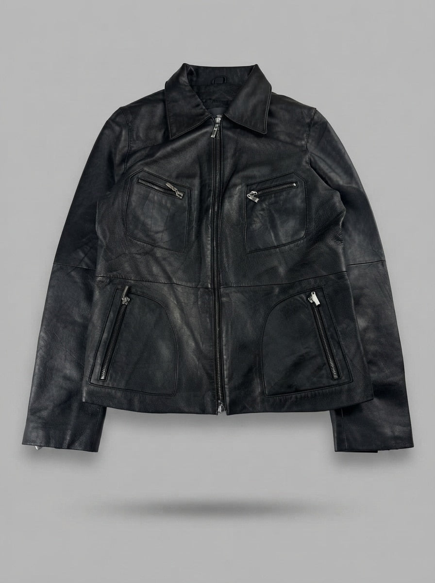 Black leather vintage jacket, size XS, shown flat from the front. Flap Chest & Curved Hip Pockets.