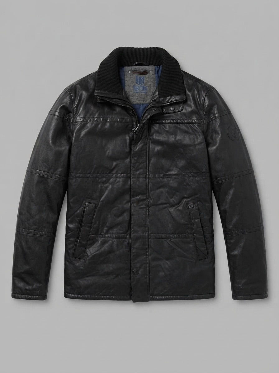Black leather bomber jacket, size L, shown flat from the front. Ribbed Knit Collar & Minimalist.