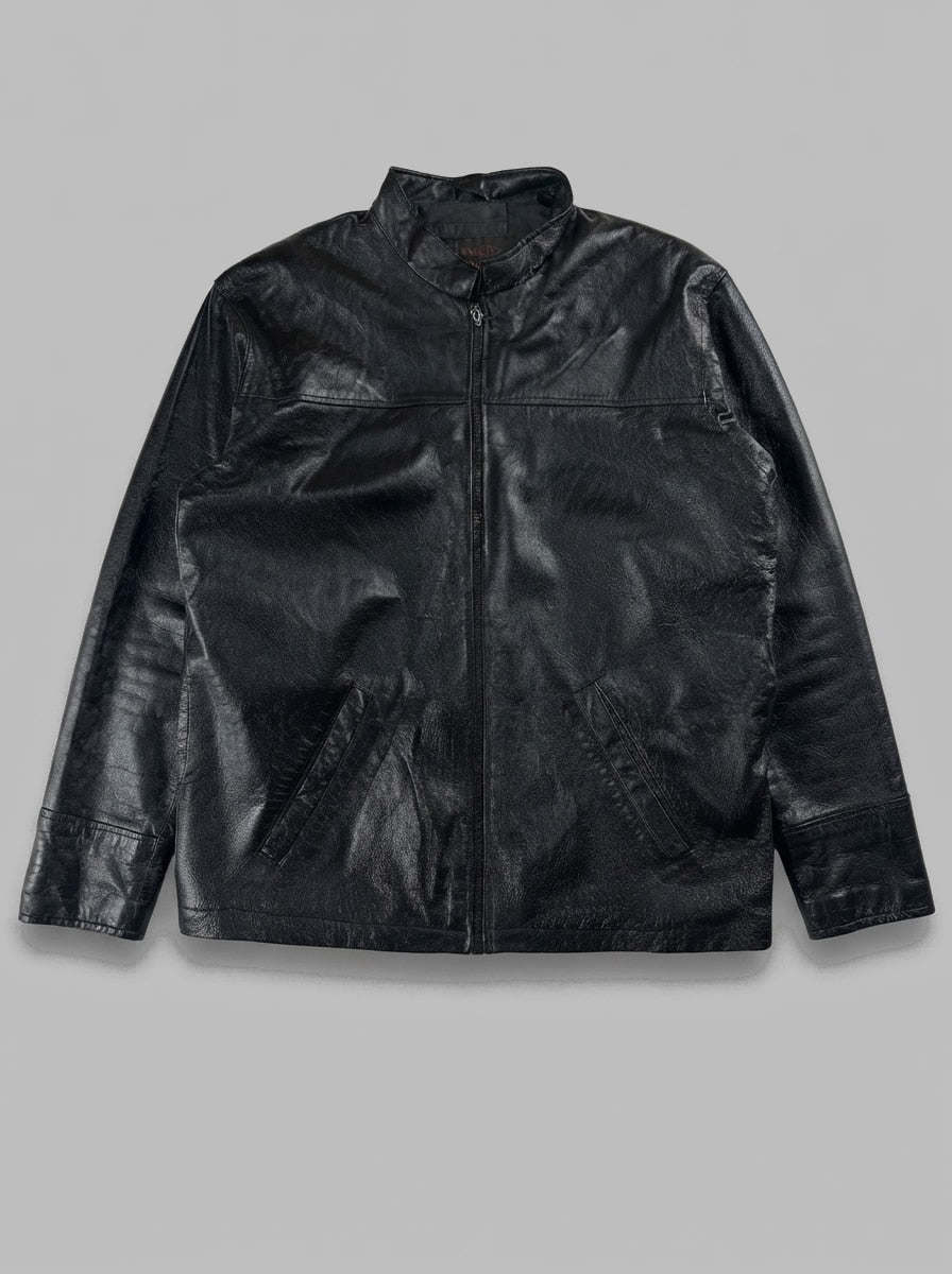 Black leather vintage jacket, size L, shown flat from the front. Chest Yoke & Welt Pockets.