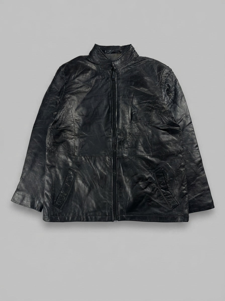 Black leather cafe racer jacket, size M, shown flat from the front. Stand Collar & Princess Seams.
