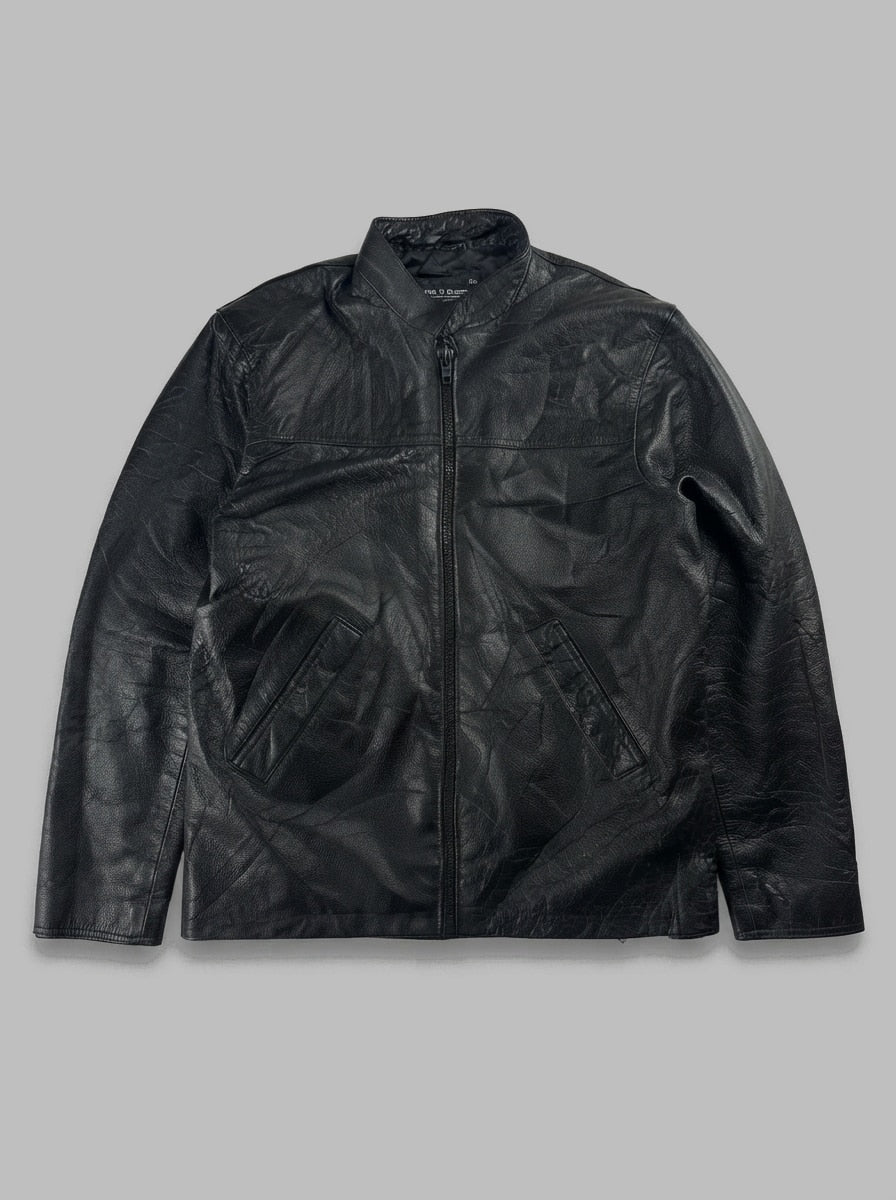 Black leather vintage jacket, size M, shown flat from the front. Chest Yoke & Welt Pockets.