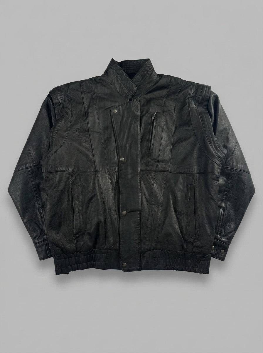 Black leather vintage jacket, size M, shown flat from the front. Double-Breasted Snap Placket.