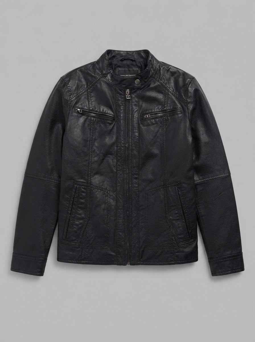 Black leather cafe racer jacket, size XS, shown flat from the front. Stand Collar & Chest Zip Pockets.