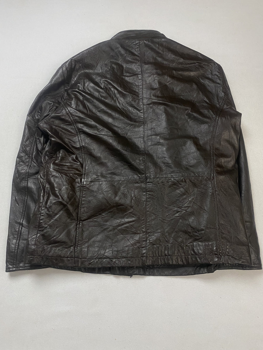 Brown leather field jacket in size XL shown from the front
