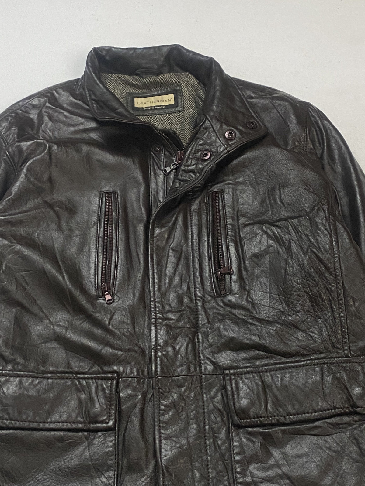 Brown leather field jacket in very good condition, shown in size XL