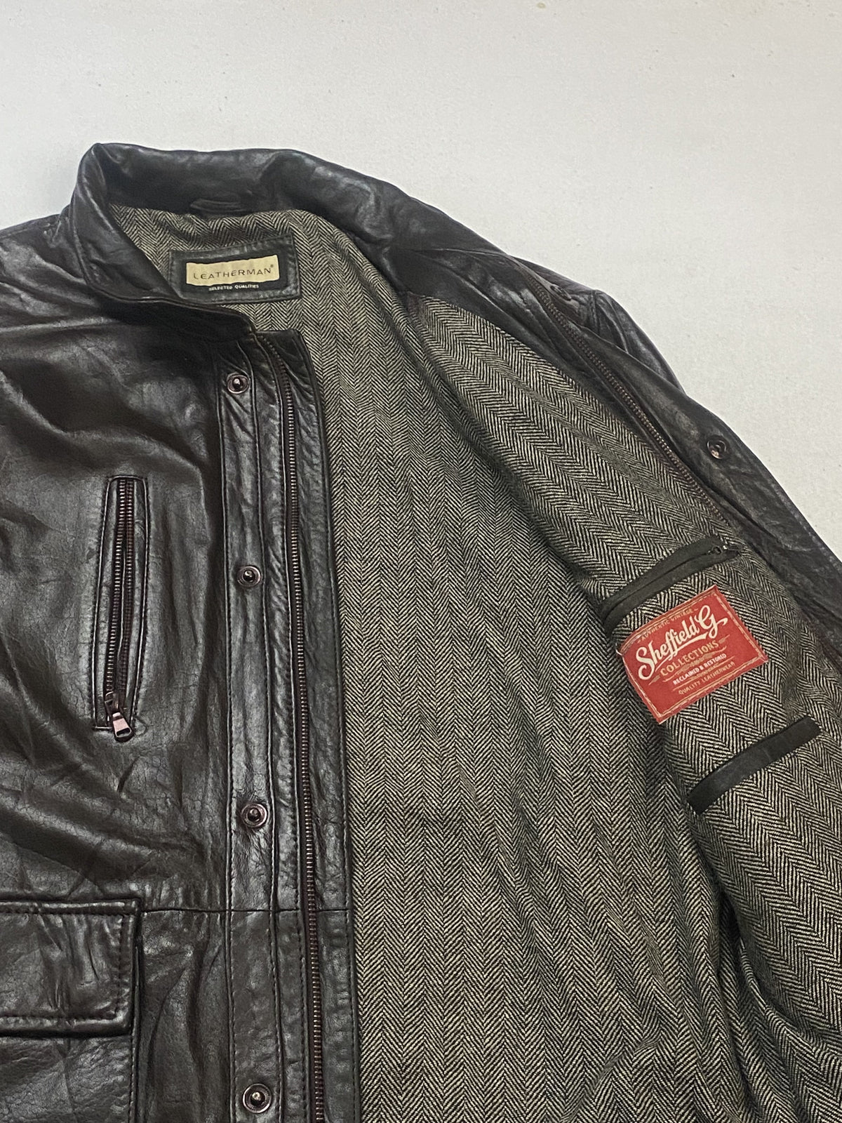 Tweed lined brown leather field jacket in size XL