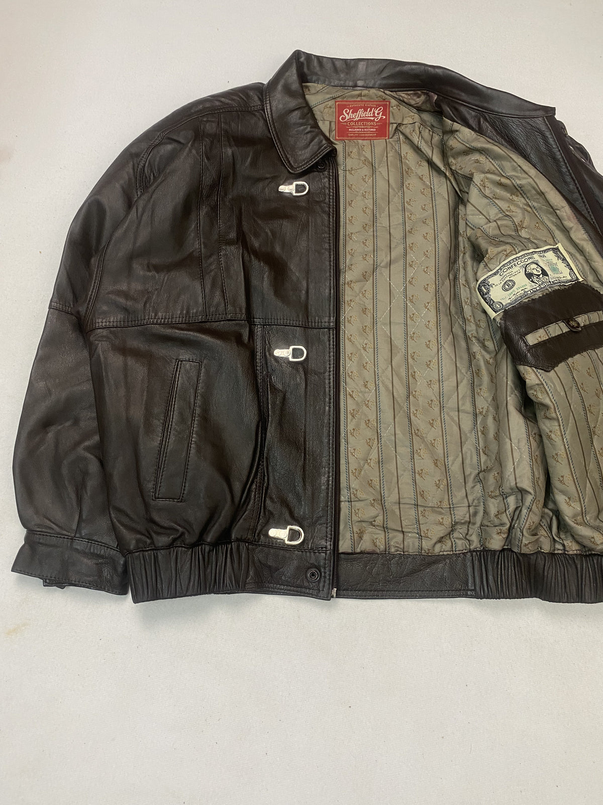 Clasp fastened brown leather harrington jacket in size XXL
