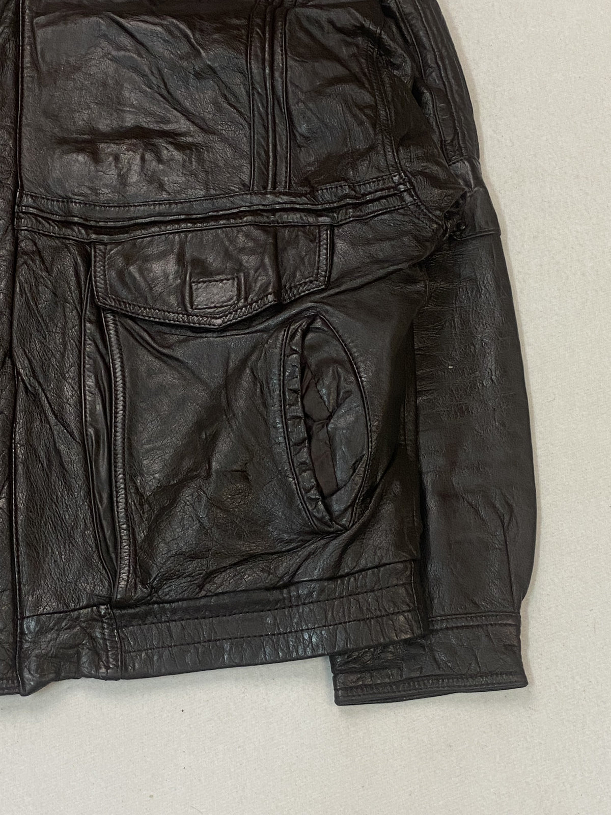 Close view of the right flap pocket, the hem band and the cuff