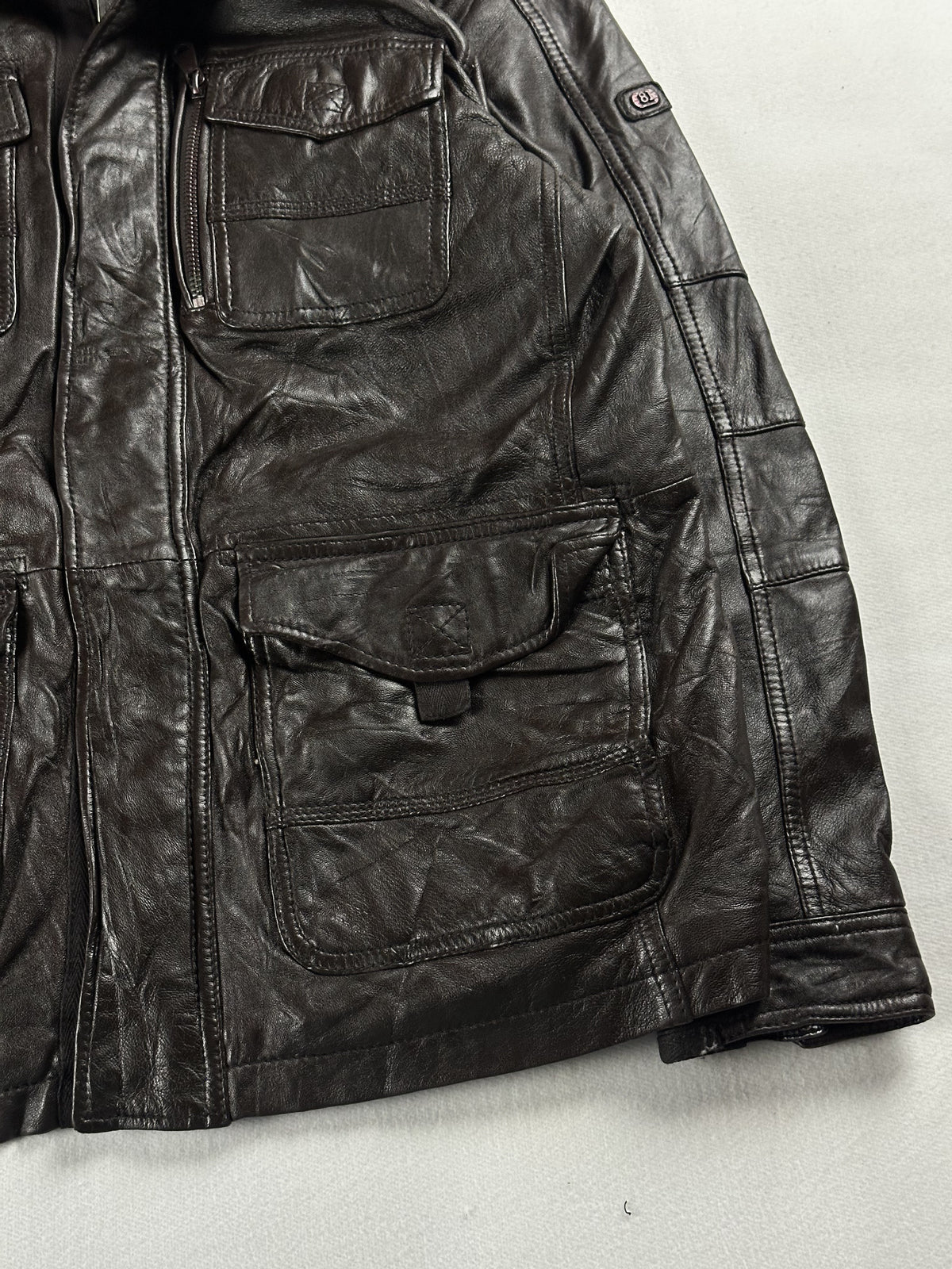 Brown leather field jacket in very good condition, shown in size XL