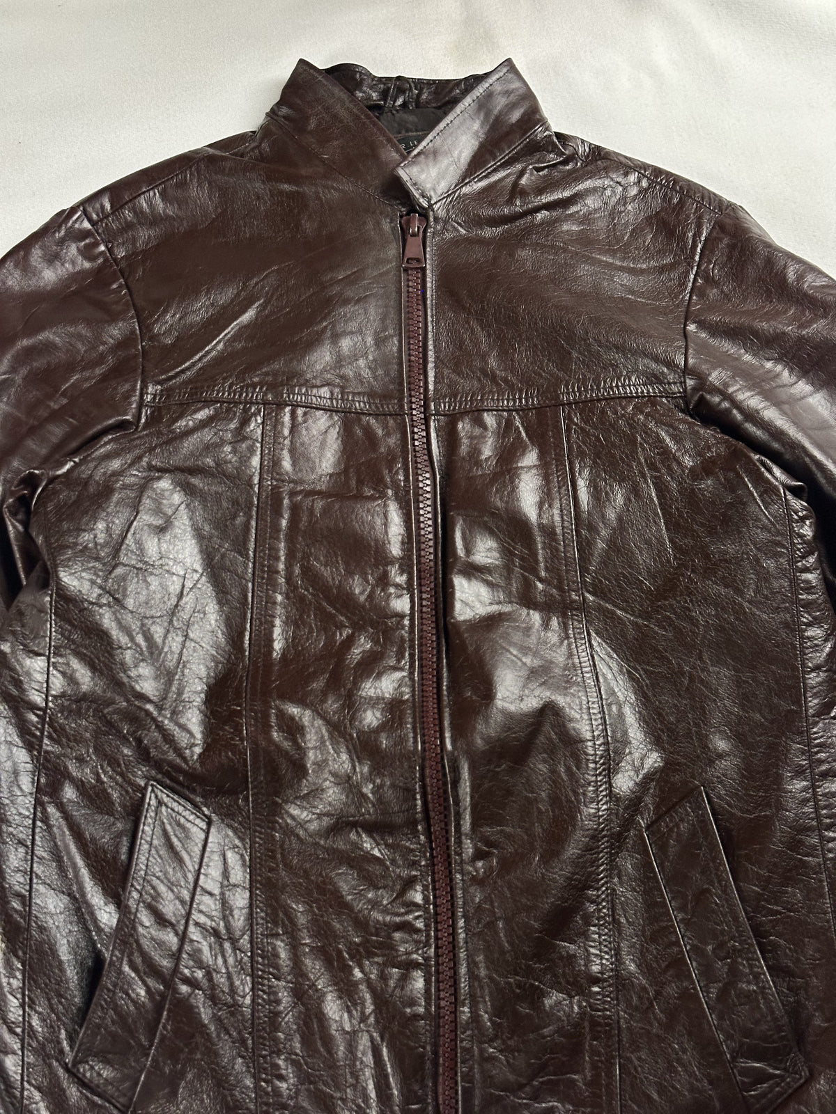 Brown real leather cafe racer with a 23 inch sleeve, size S