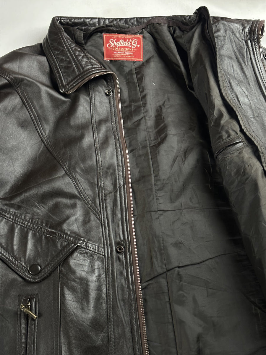 Brown leather jacket in size XXL shown from the front with quilted shoulders