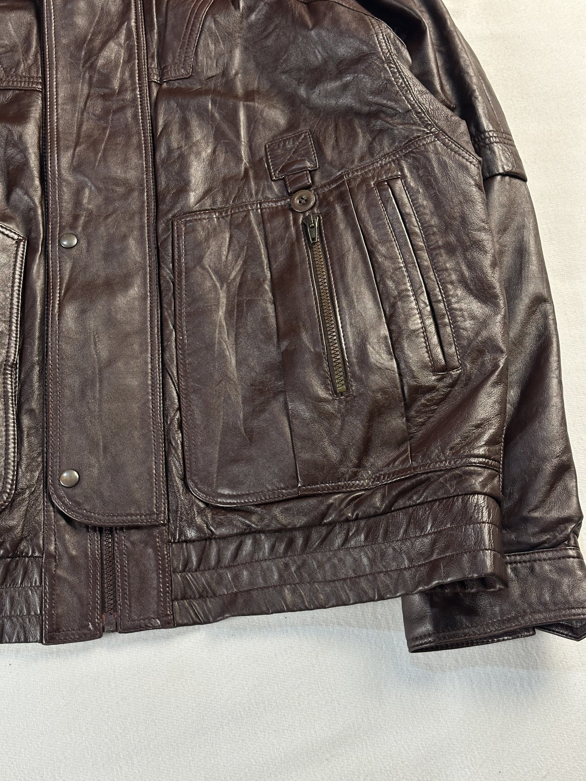 Brown leather field jacket in very good condition, shown in size XL