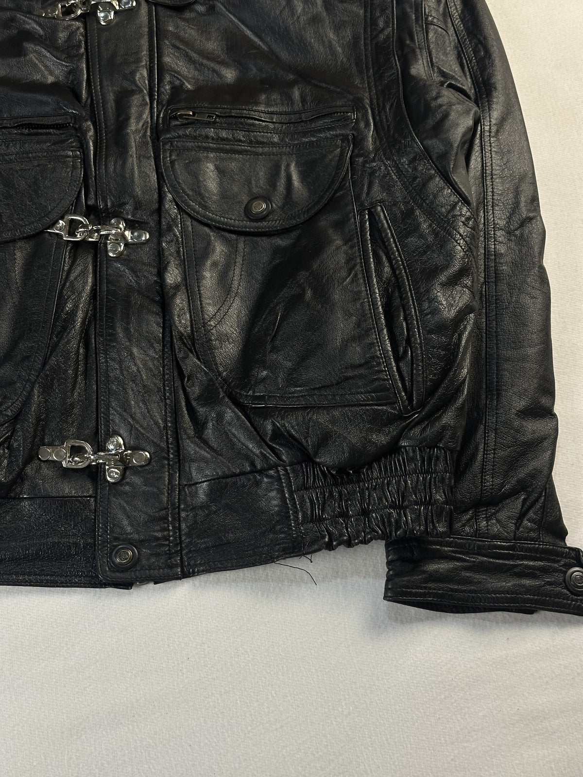 Black leather vintage jacket, size M - size and label context.