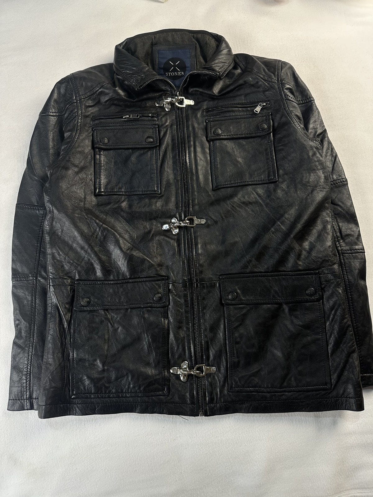 Black leather field jacket, size L - chest and pocket detail.
