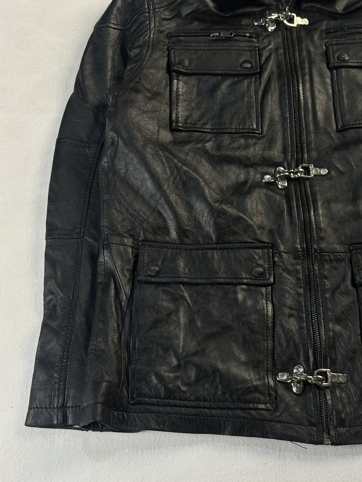 Black leather field jacket, size L - sleeve and cuff.