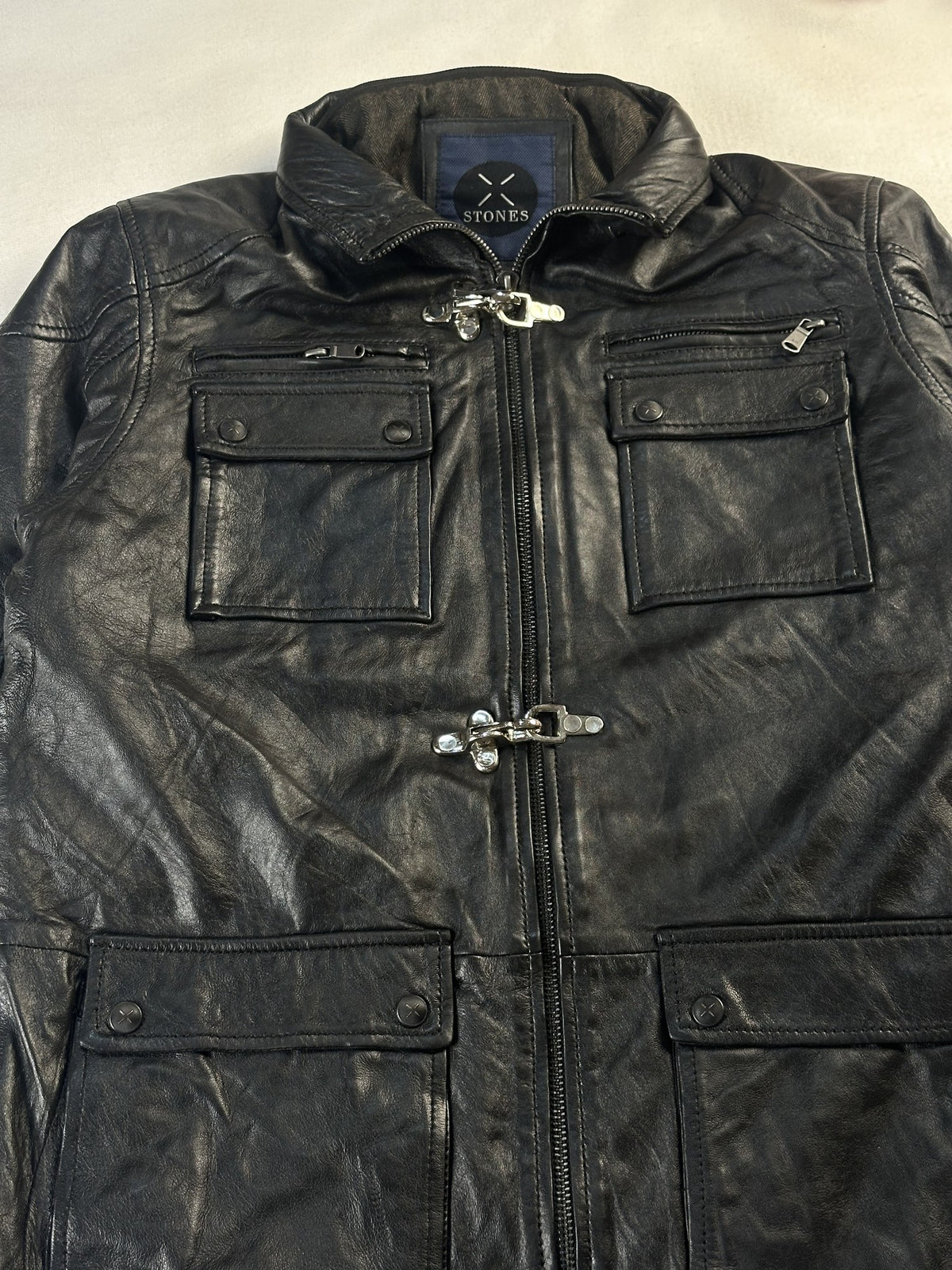 Black leather field jacket, size L - back view.