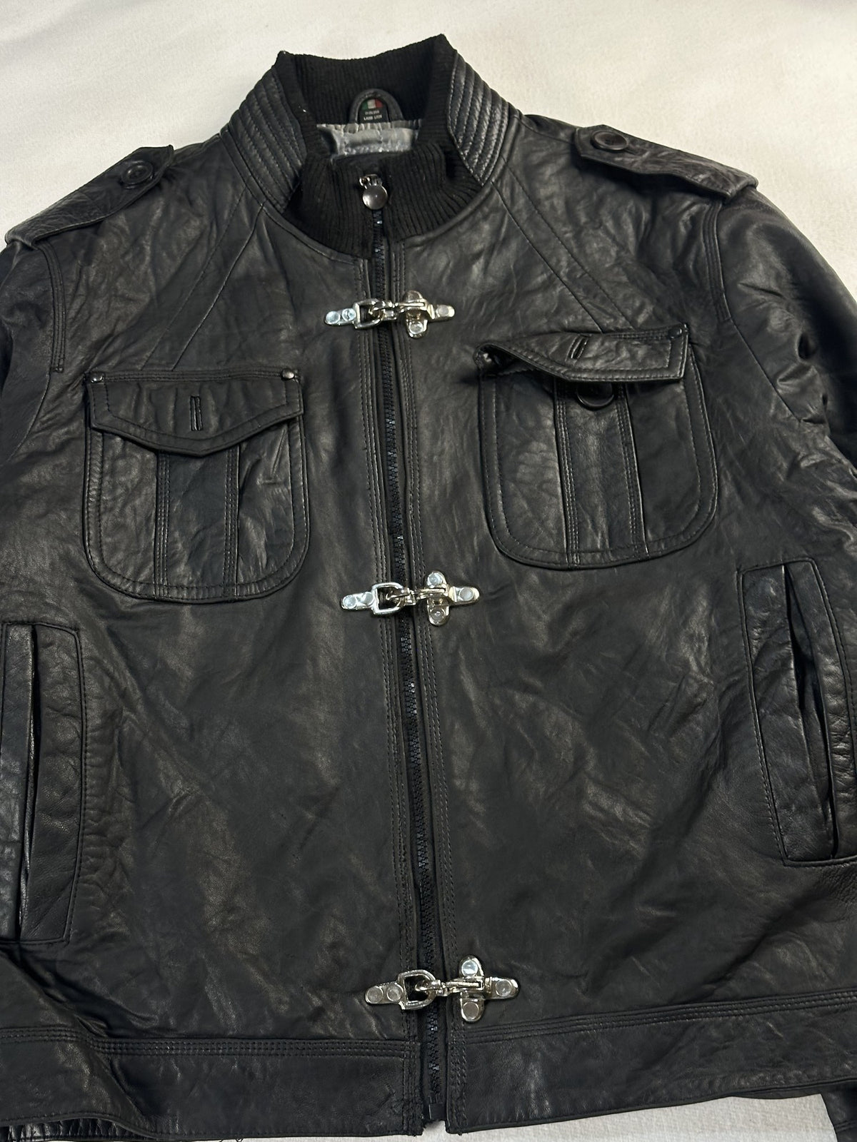 Black leather bomber jacket, size L - back view.