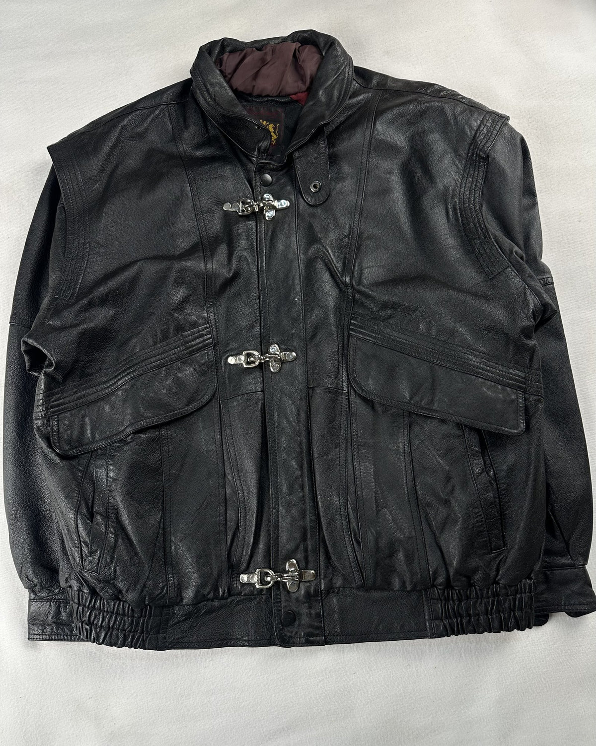 Black leather field jacket, size L - chest and pocket detail.