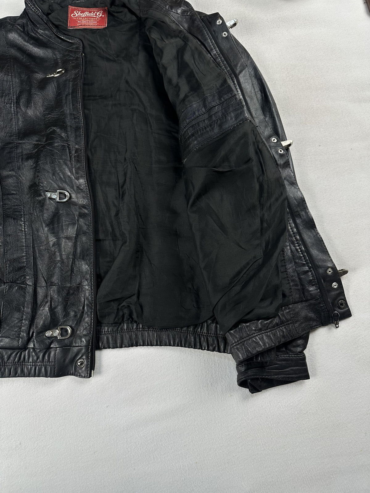 Black leather cafe racer jacket, size L - cuff and hem detail.
