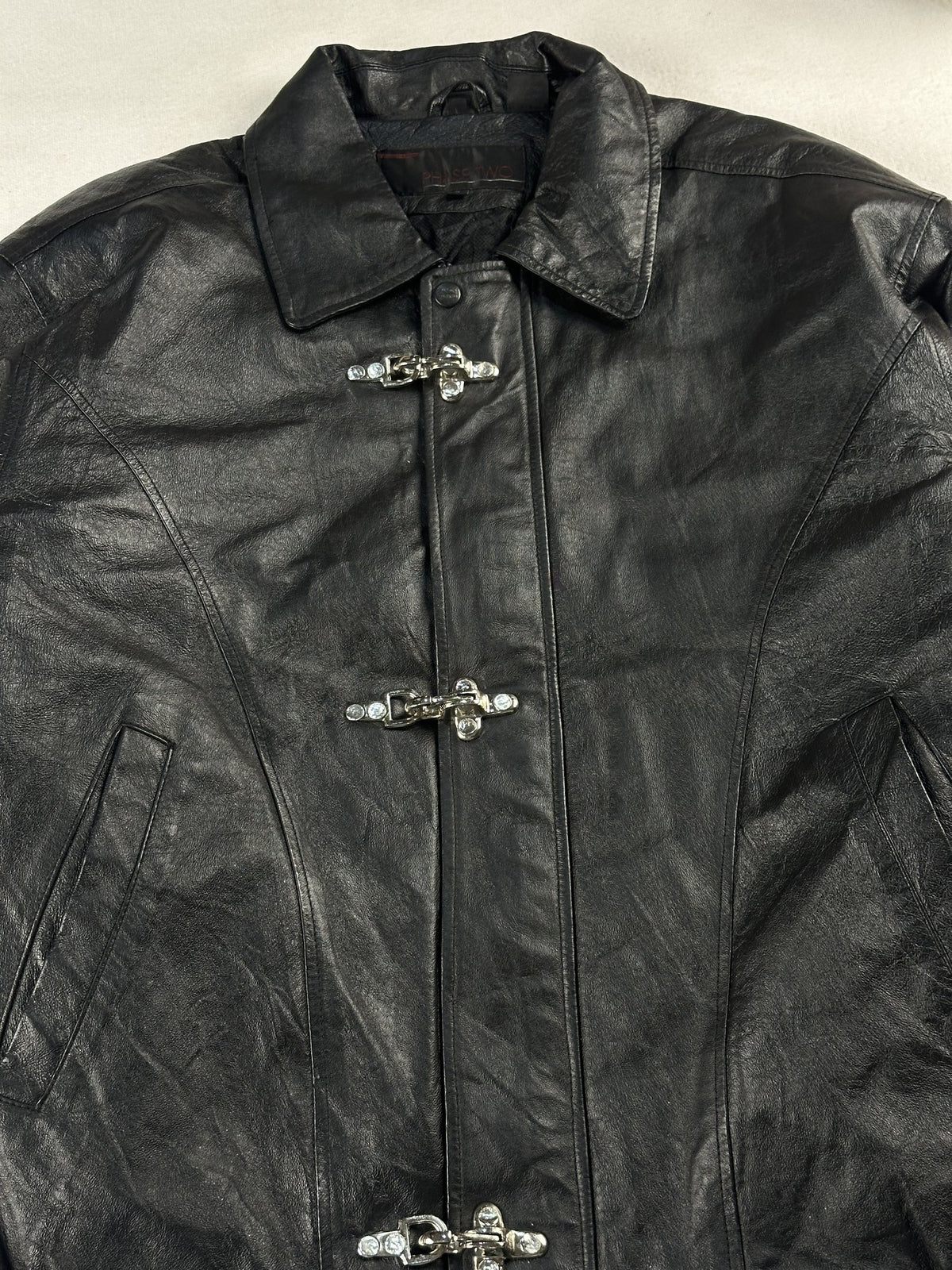 Black leather vintage jacket, size L - back view.