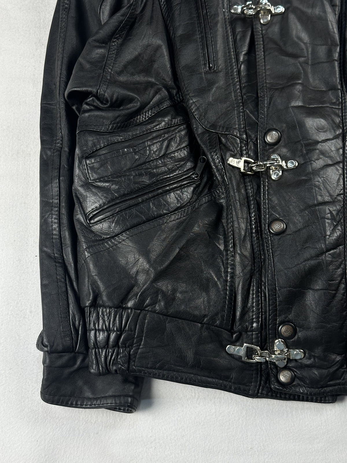 Black leather field jacket, size L - sleeve and cuff.