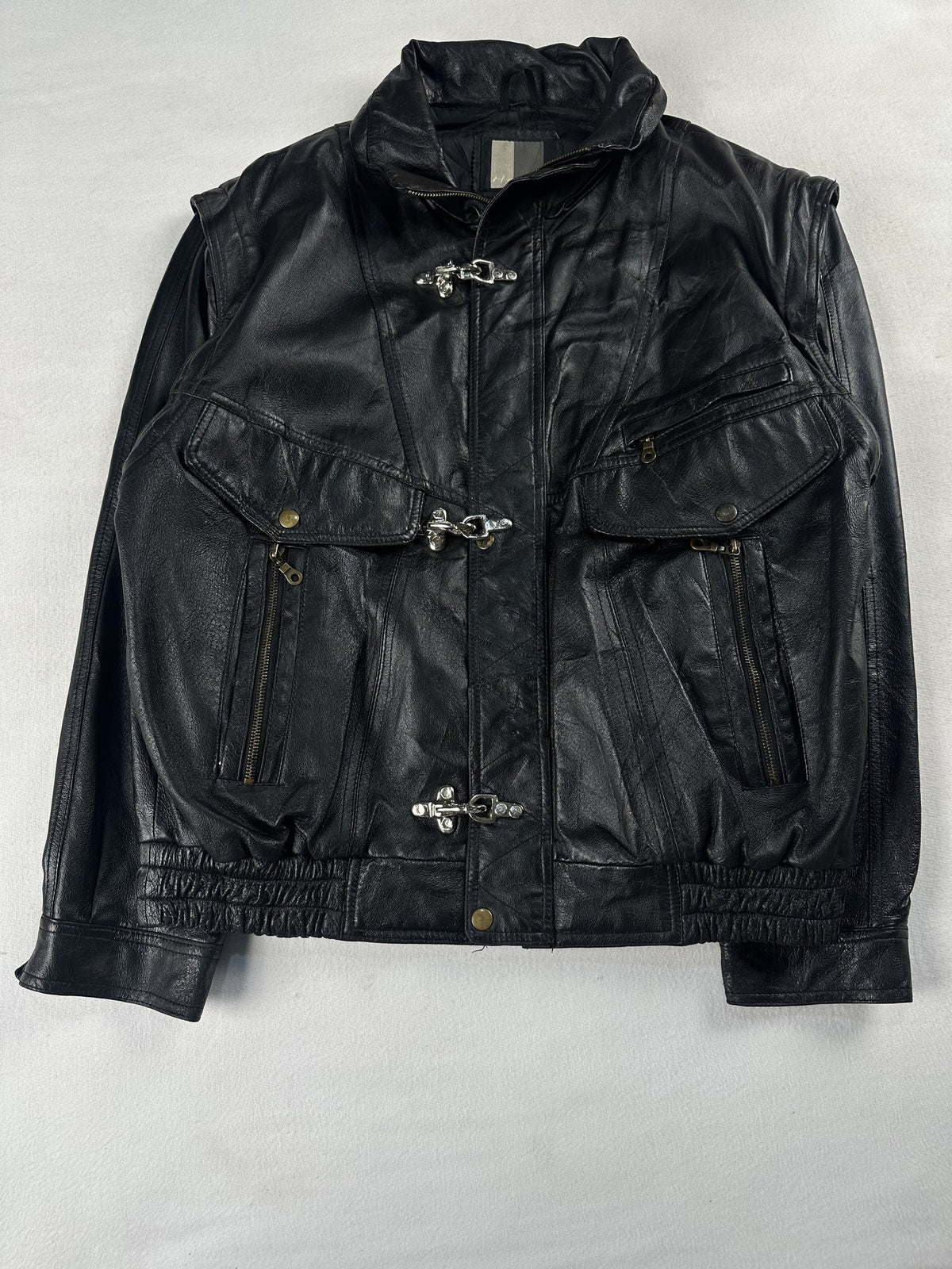 Black leather field jacket, size M - collar detail.