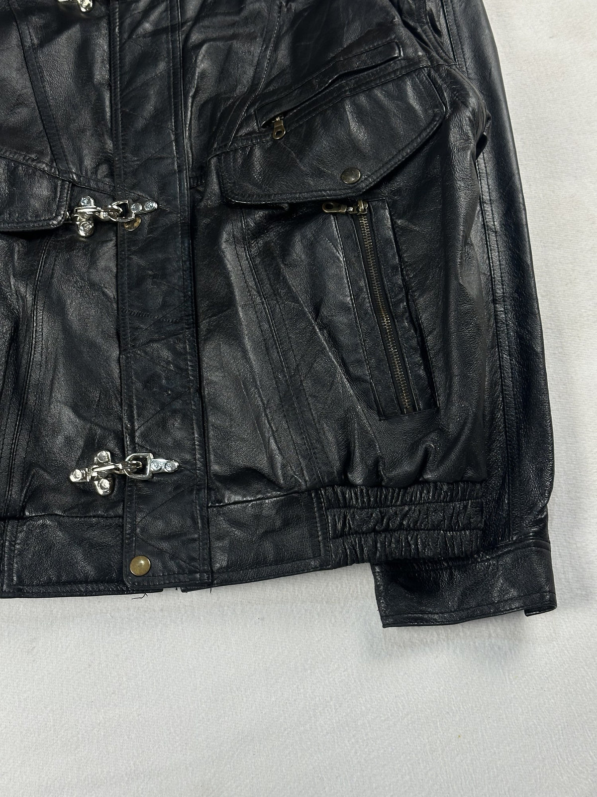 Black leather field jacket, size M - sleeve and cuff.