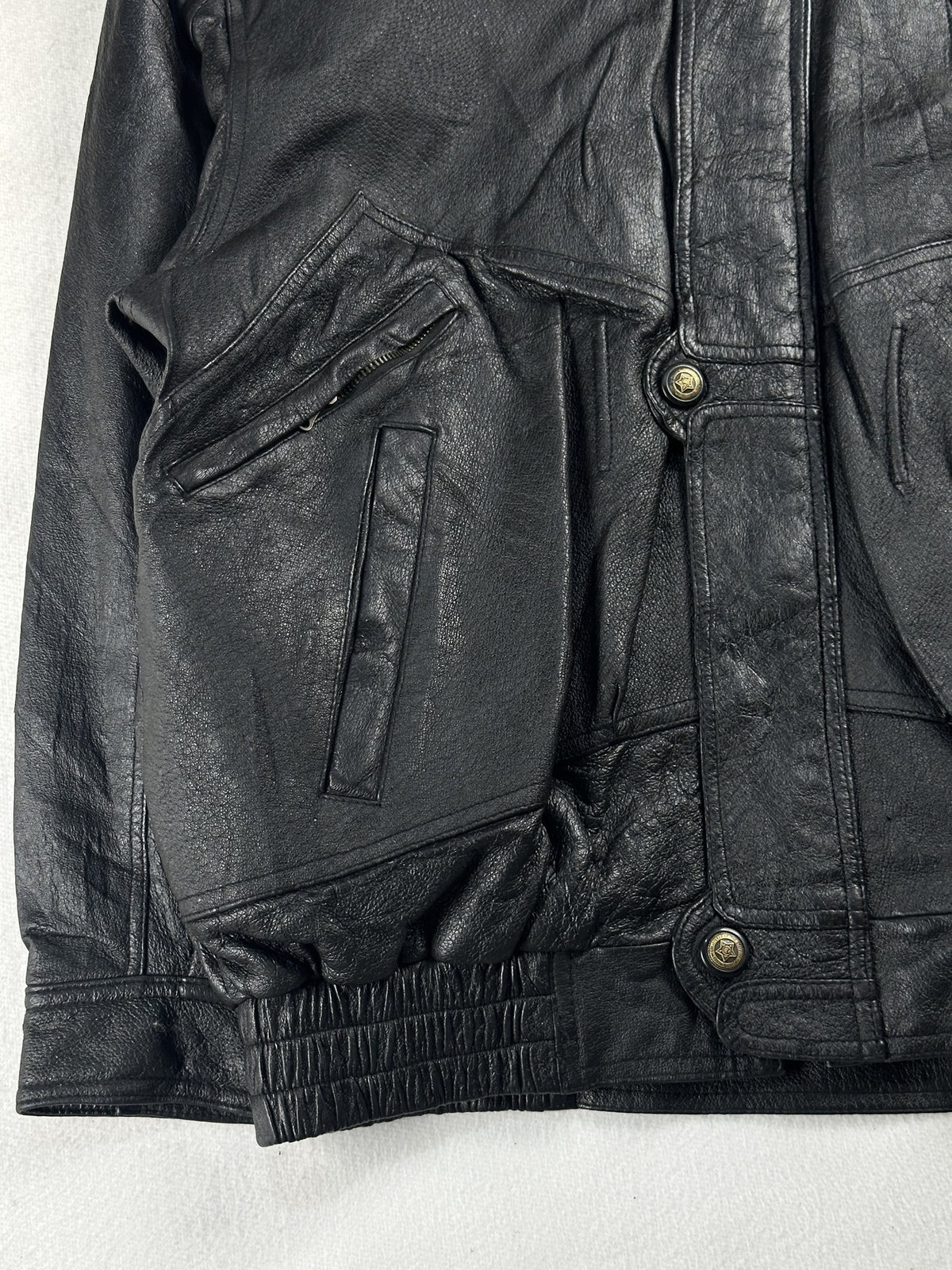Black leather field jacket, size L - sleeve and cuff.