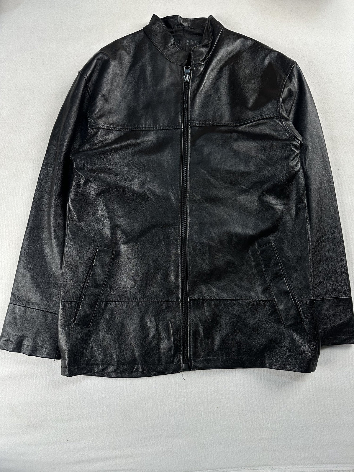 Black leather vintage jacket, size L - chest and pocket detail.