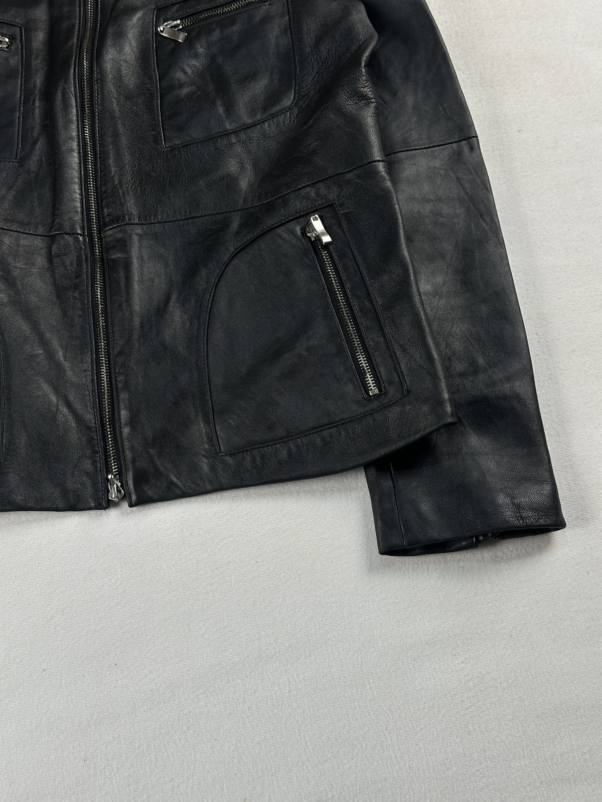 Black leather vintage jacket, size XS - size and label context.