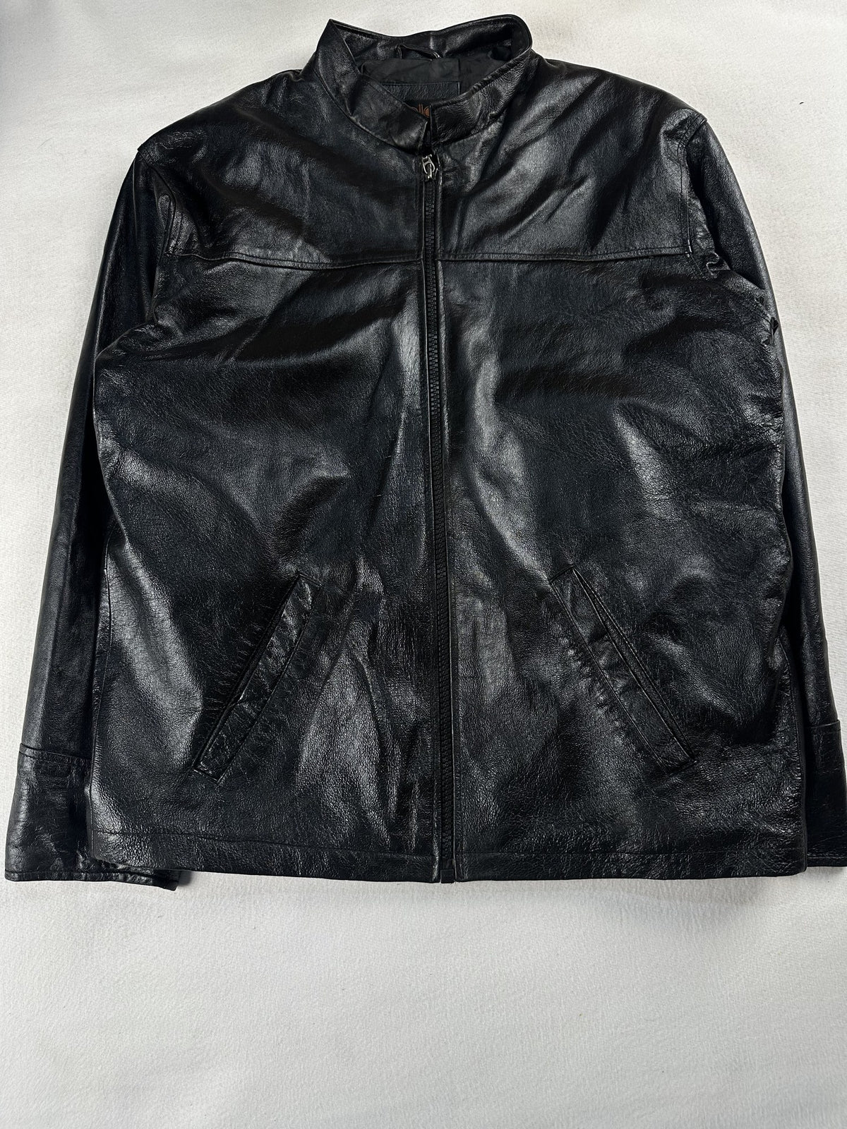 Black leather vintage jacket, size L - chest and pocket detail.