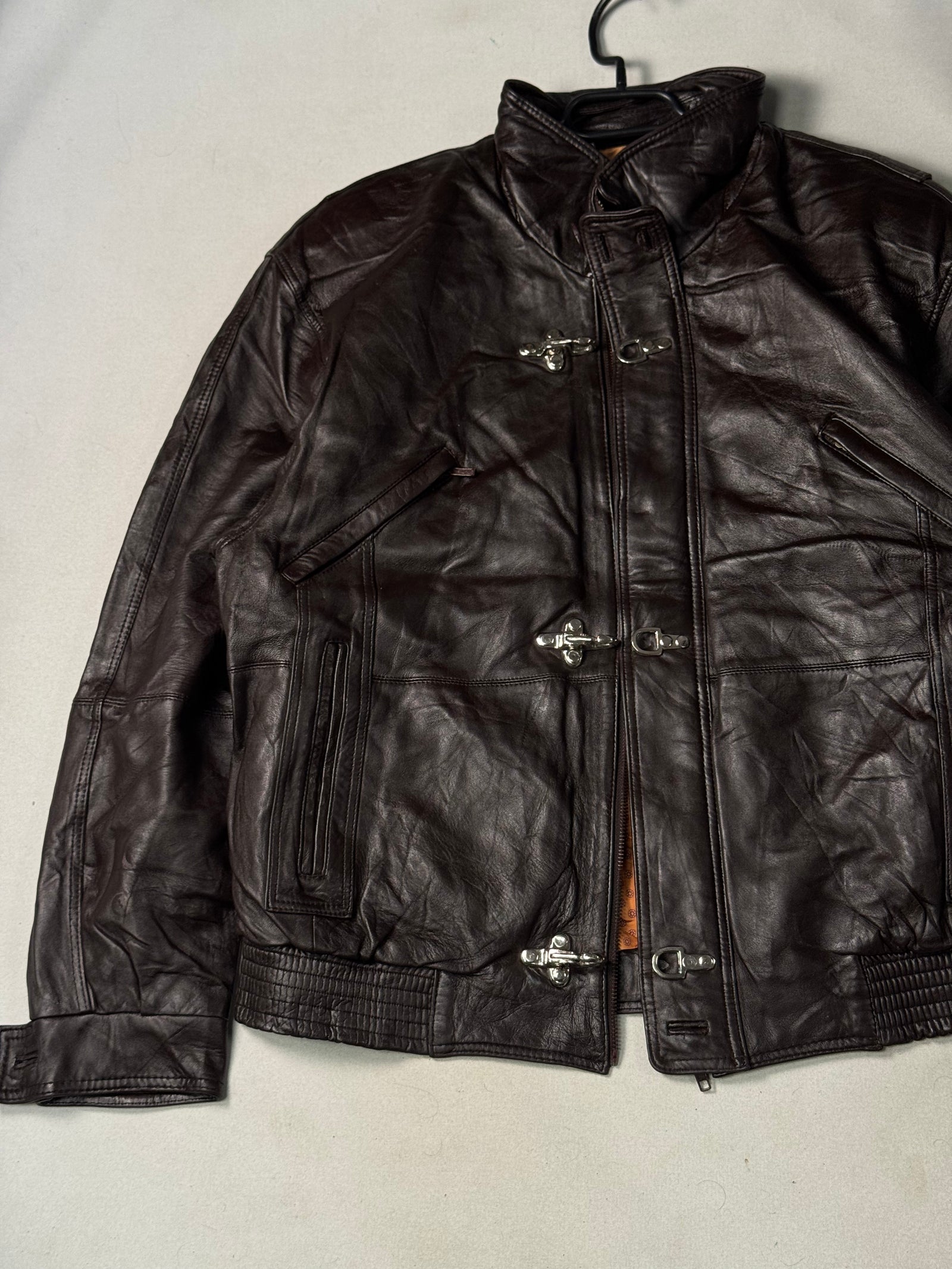 Brown Real Leather Clasp Jacket (Size L)