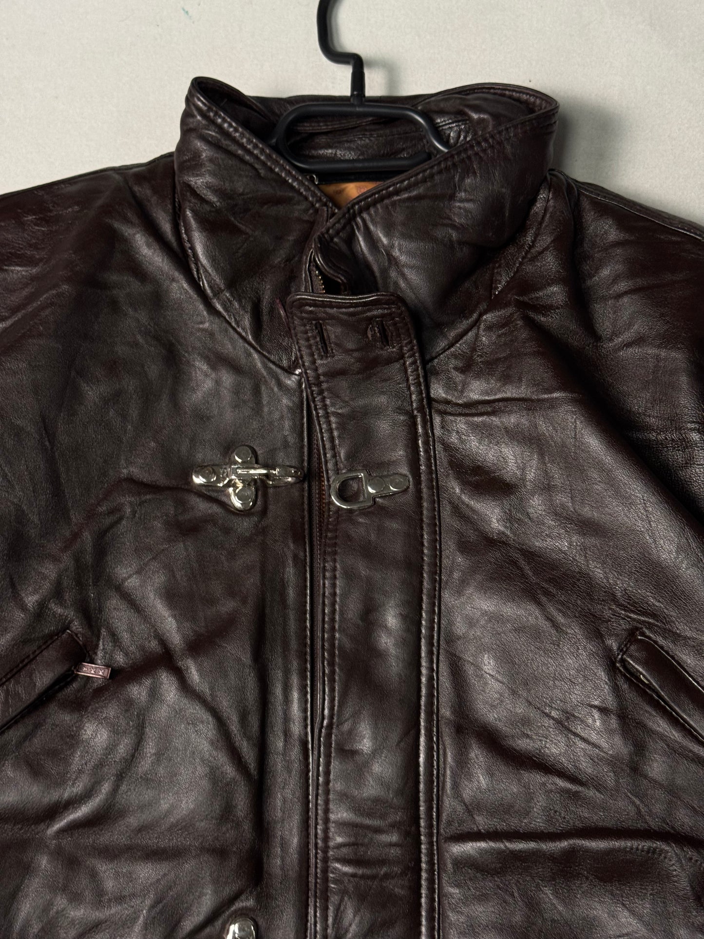 Brown Real Leather Clasp Jacket (Size L)