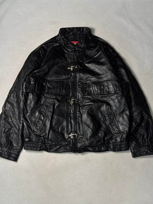 Black Real Leather Clasp Jacket (Size L)