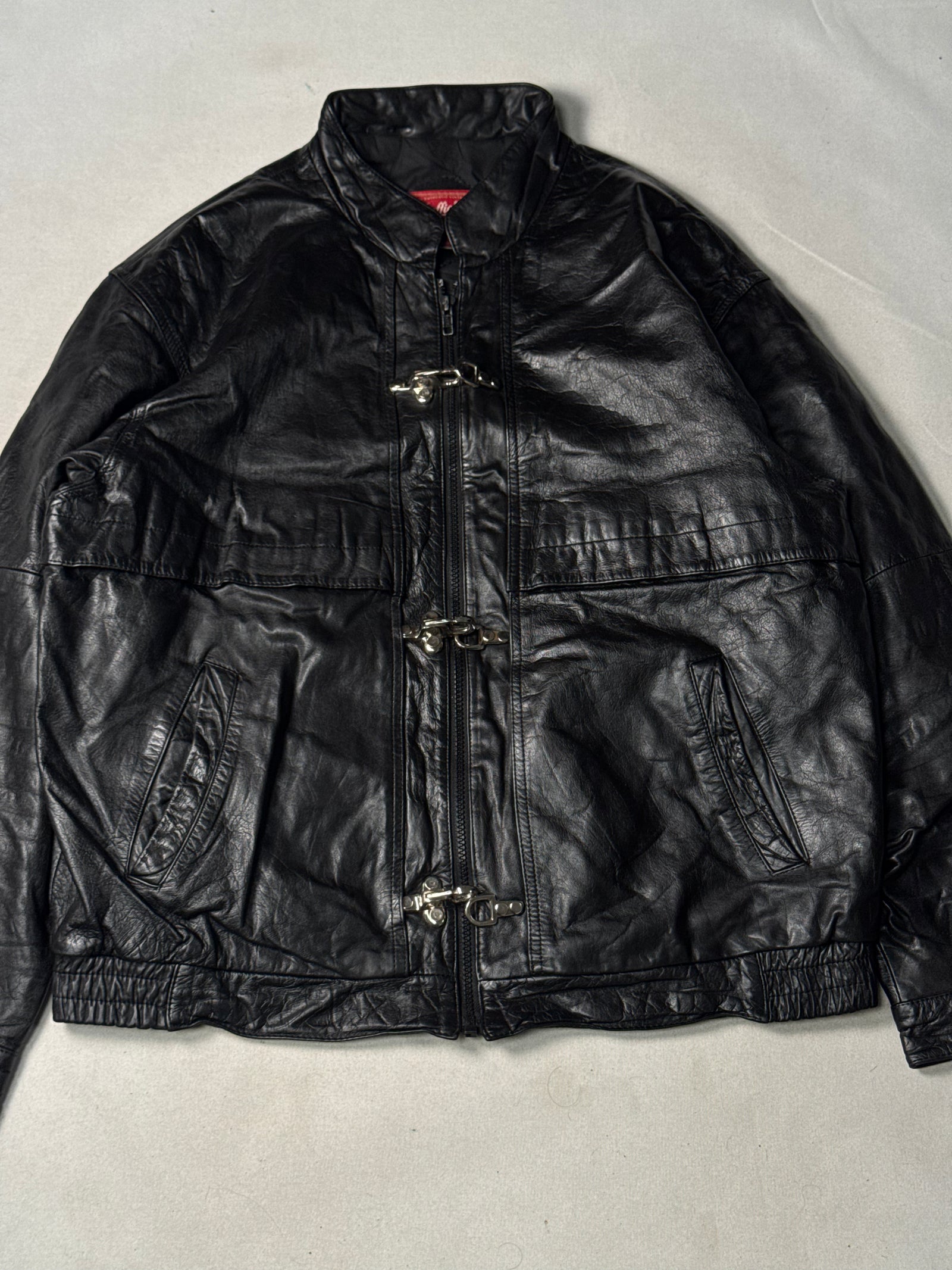 Black Real Leather Clasp Jacket (Size L)