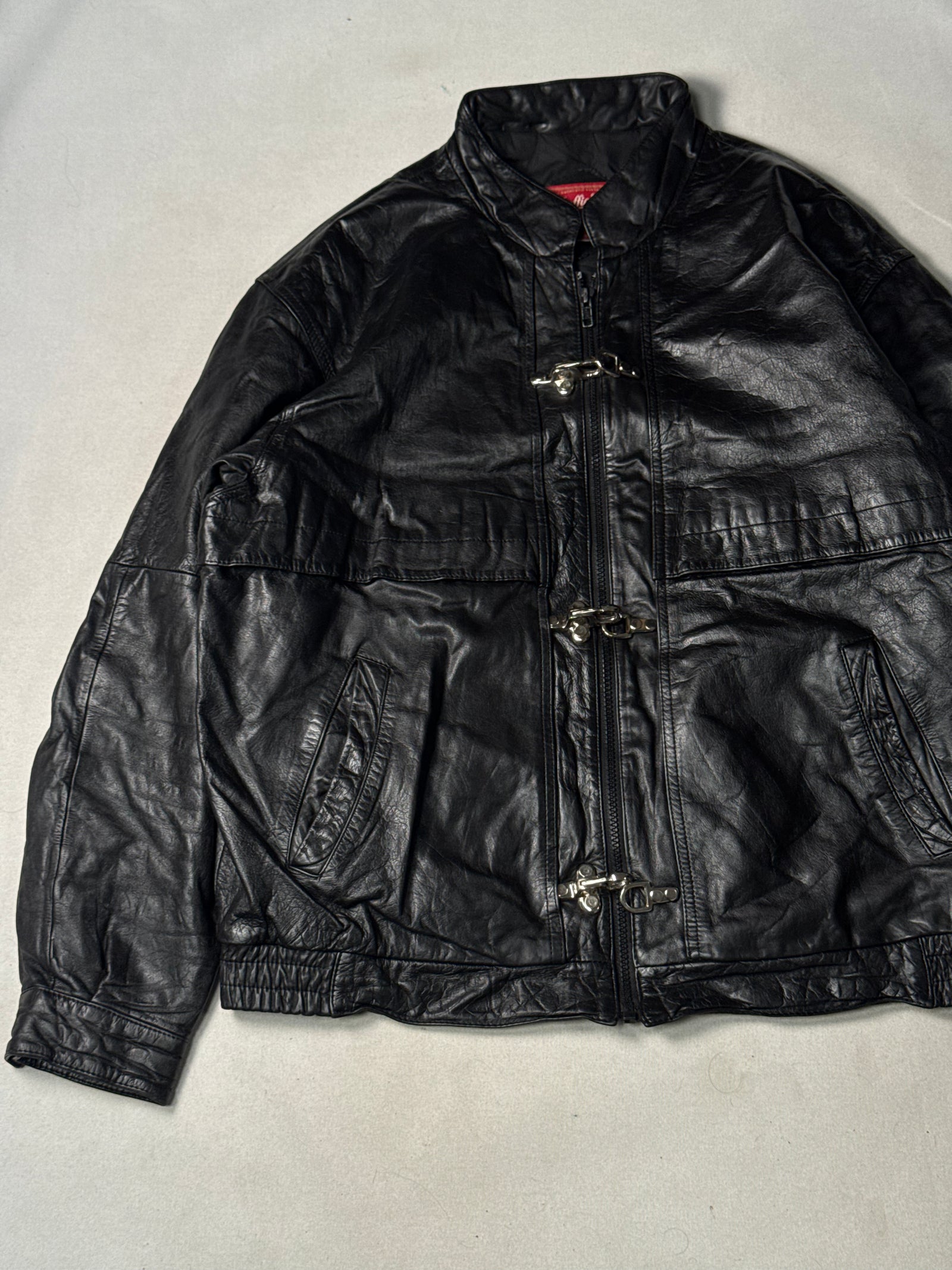 Black Real Leather Clasp Jacket (Size L)