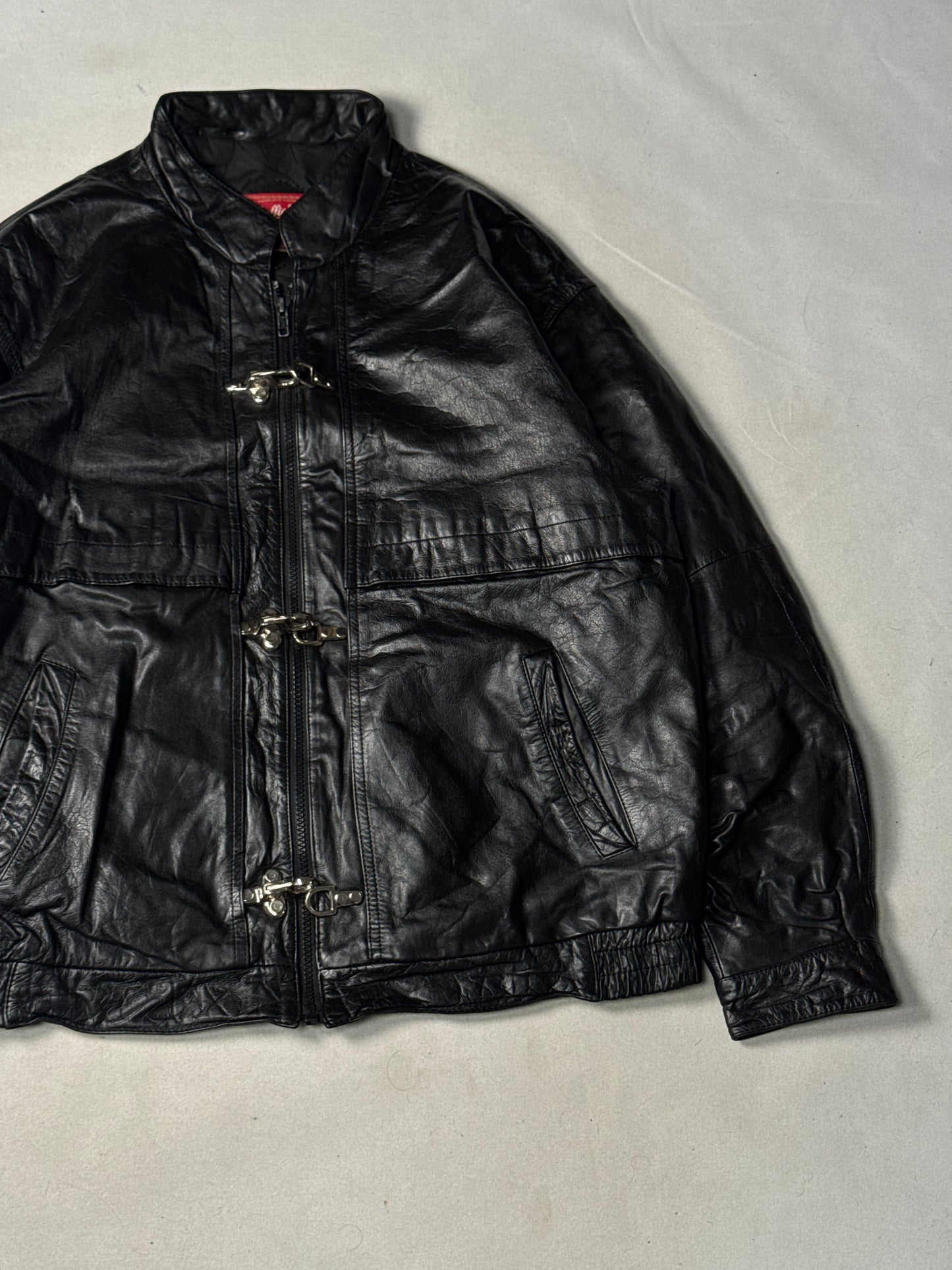 Black Real Leather Clasp Jacket (Size L)