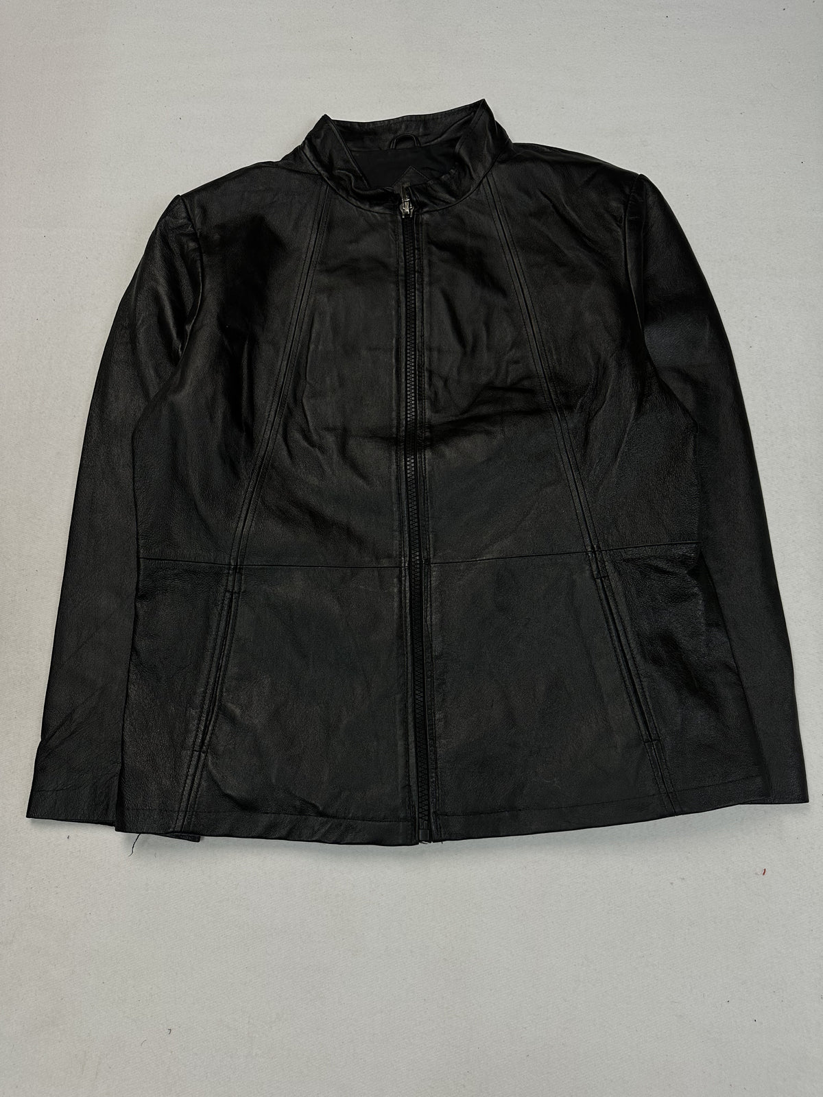 Black leather cafe racer jacket, size L - chest and pocket detail.