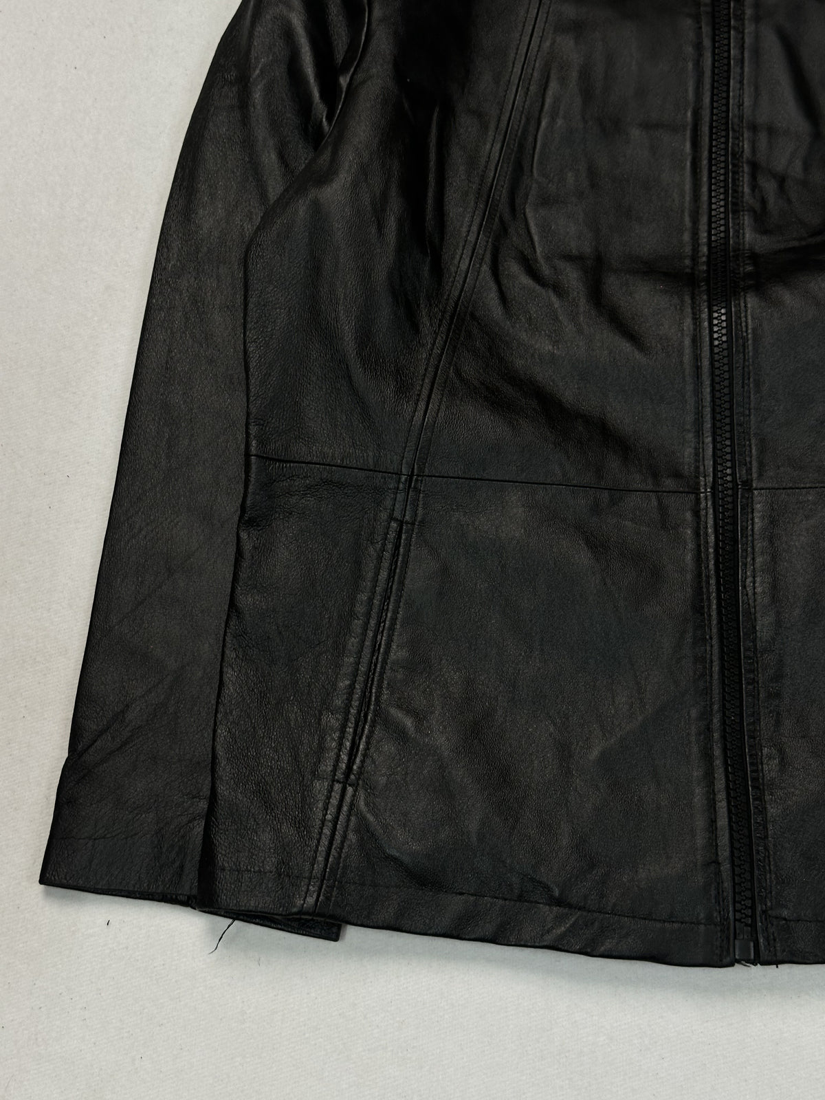 Black leather cafe racer jacket, size L - sleeve and cuff.
