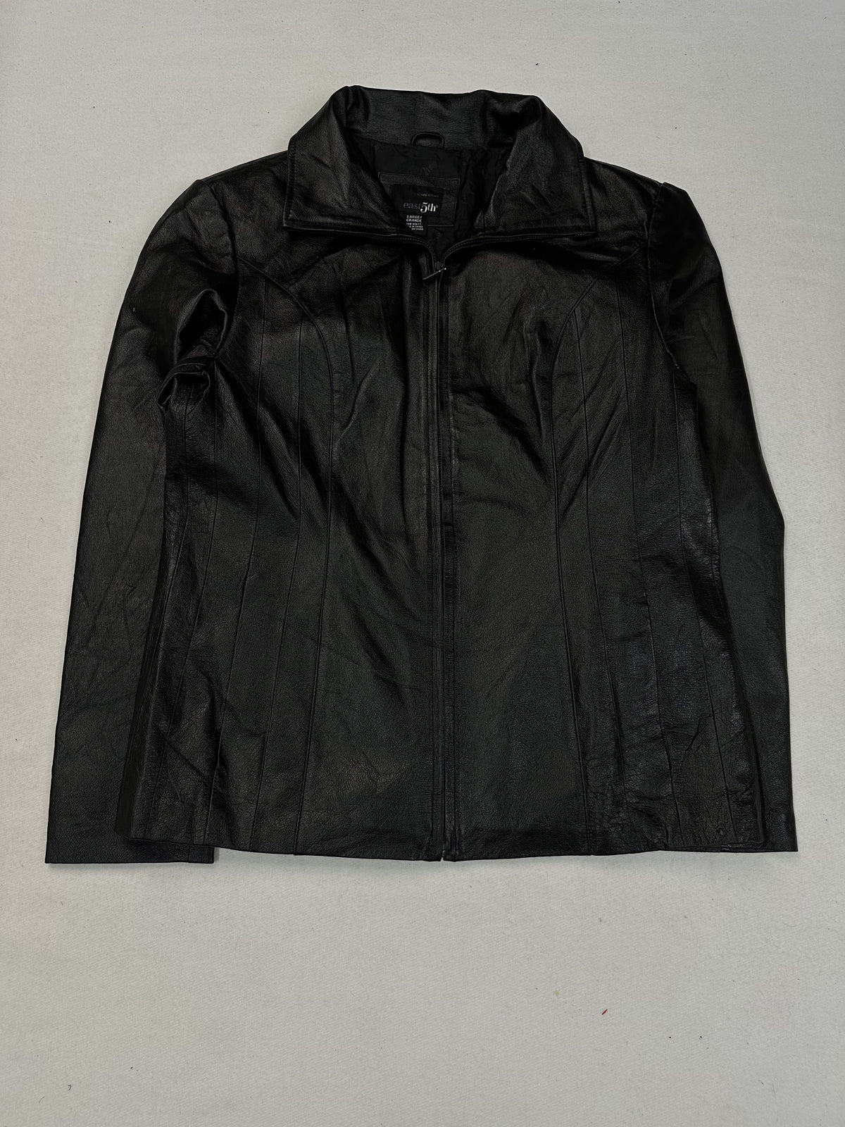 Black leather vintage jacket, size L - chest and pocket detail.