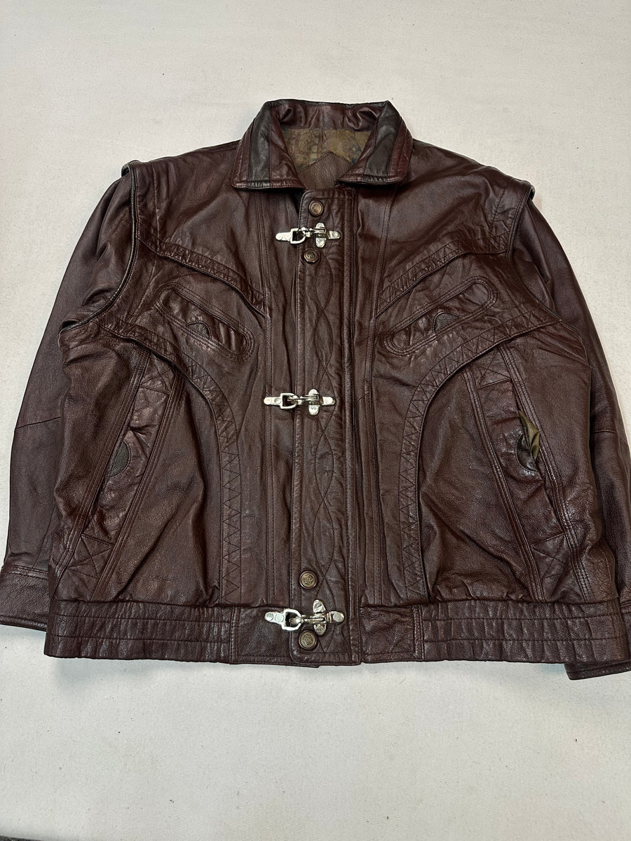 Burgundy Leather Harrington Jacket, Ticking Stripe Lining (Size L)